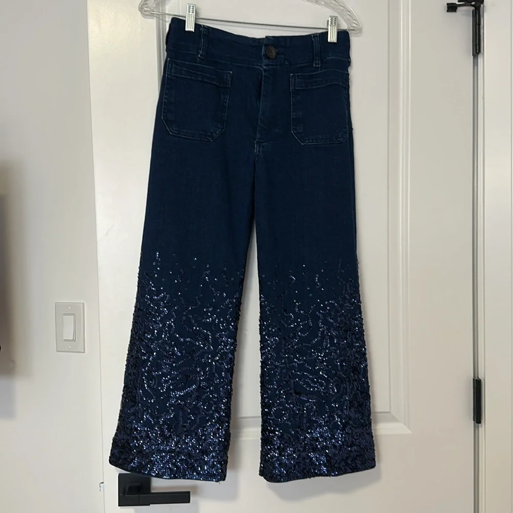 Colette Cropped High-Rise Wide-Leg Jeans by Maeve Sequin Edition size 25 P - Picture 6 of 9